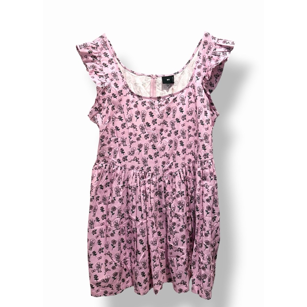 Lazy Oaf Curve Dress Size 18 Pink Cartoon Print Ruffle Sleeve Mini Dress NWT